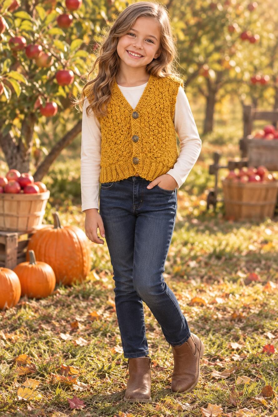 Girls 7/8 Handmade Knit Vest Mustard Goldenrod Cottagecore Fall